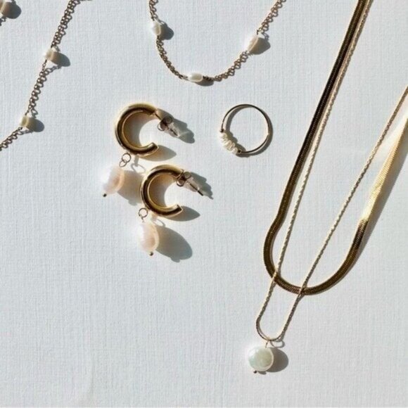 Dangle Pearl Earrings Gold Chunky hoop w/dangle Pearl Waterproof Gold Hoops CUTE - Picture 1 of 12